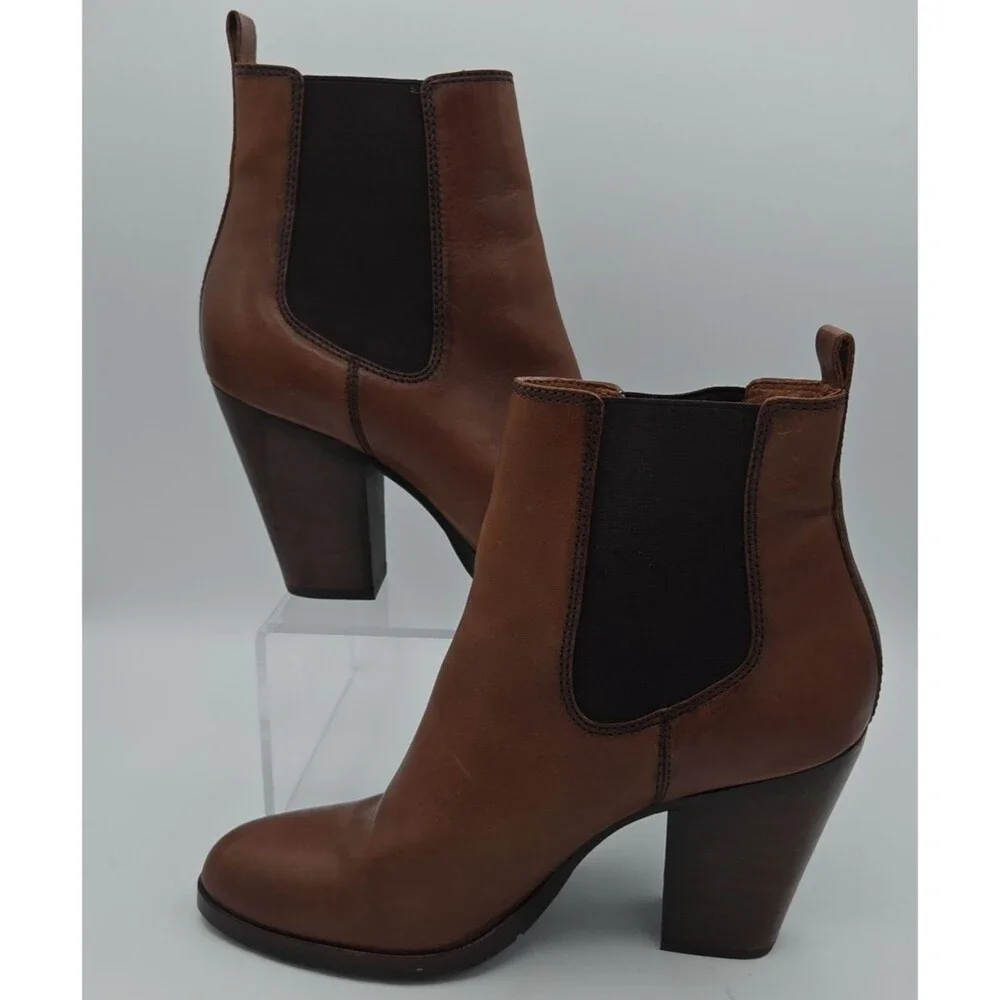 Frye Chelsea Pull On Boot Dark Brown Antiqued Polished Leather 10M Block Heel